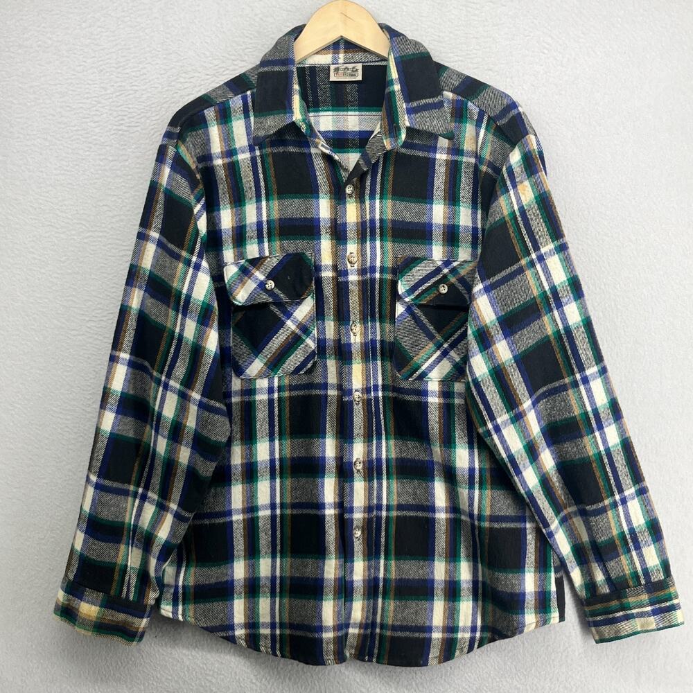 FIVE BROTHER Shirt Mens L Heavy Cotton Flannel Plaid Western Utility Black